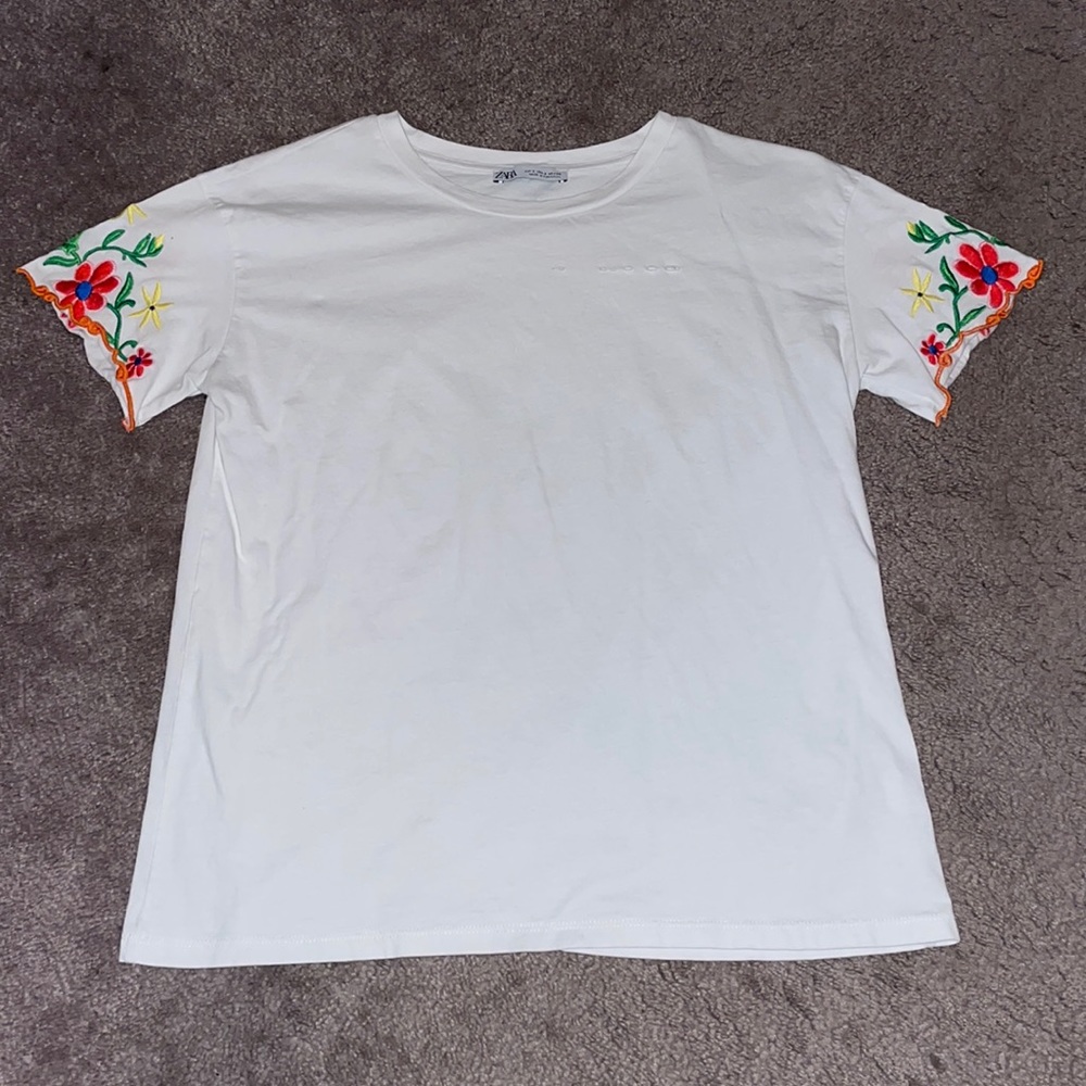 Women's Zara White Tee With Colorful Flowers, Size: S